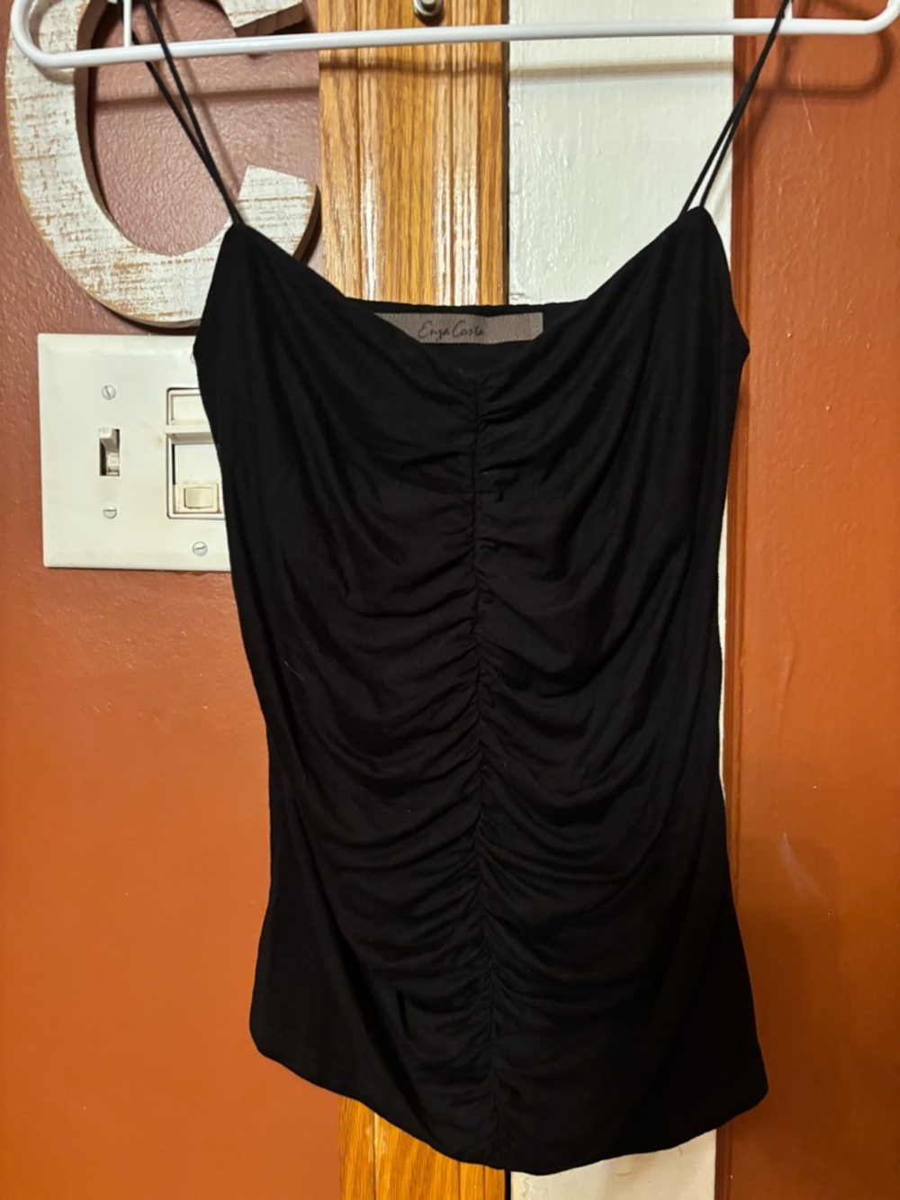 Enza Costa Black Ruched Spaghetti-Strap Cami Top